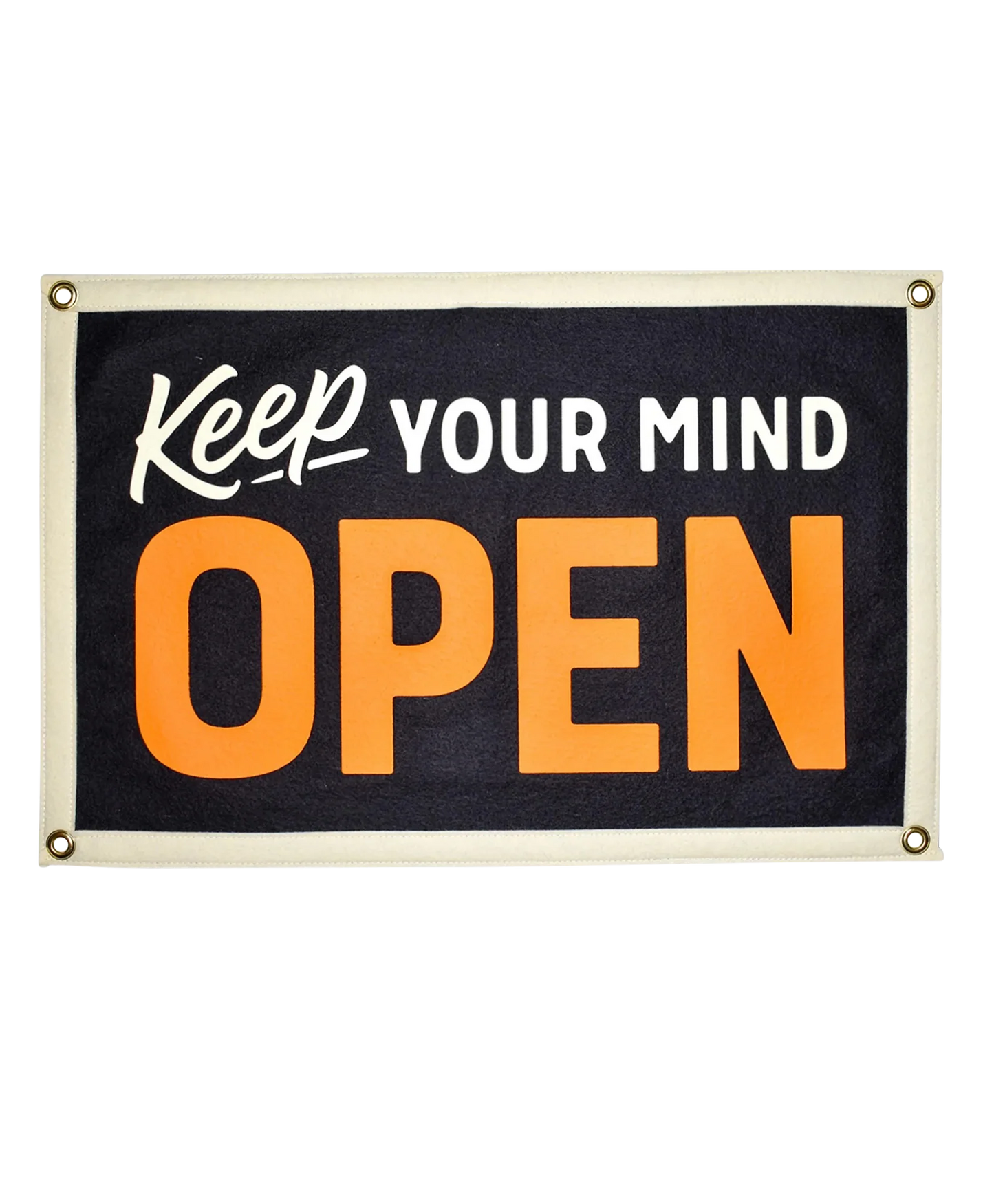 Camp flag: black with white 'Keep your mind' and orange 'OPEN', brass grommets