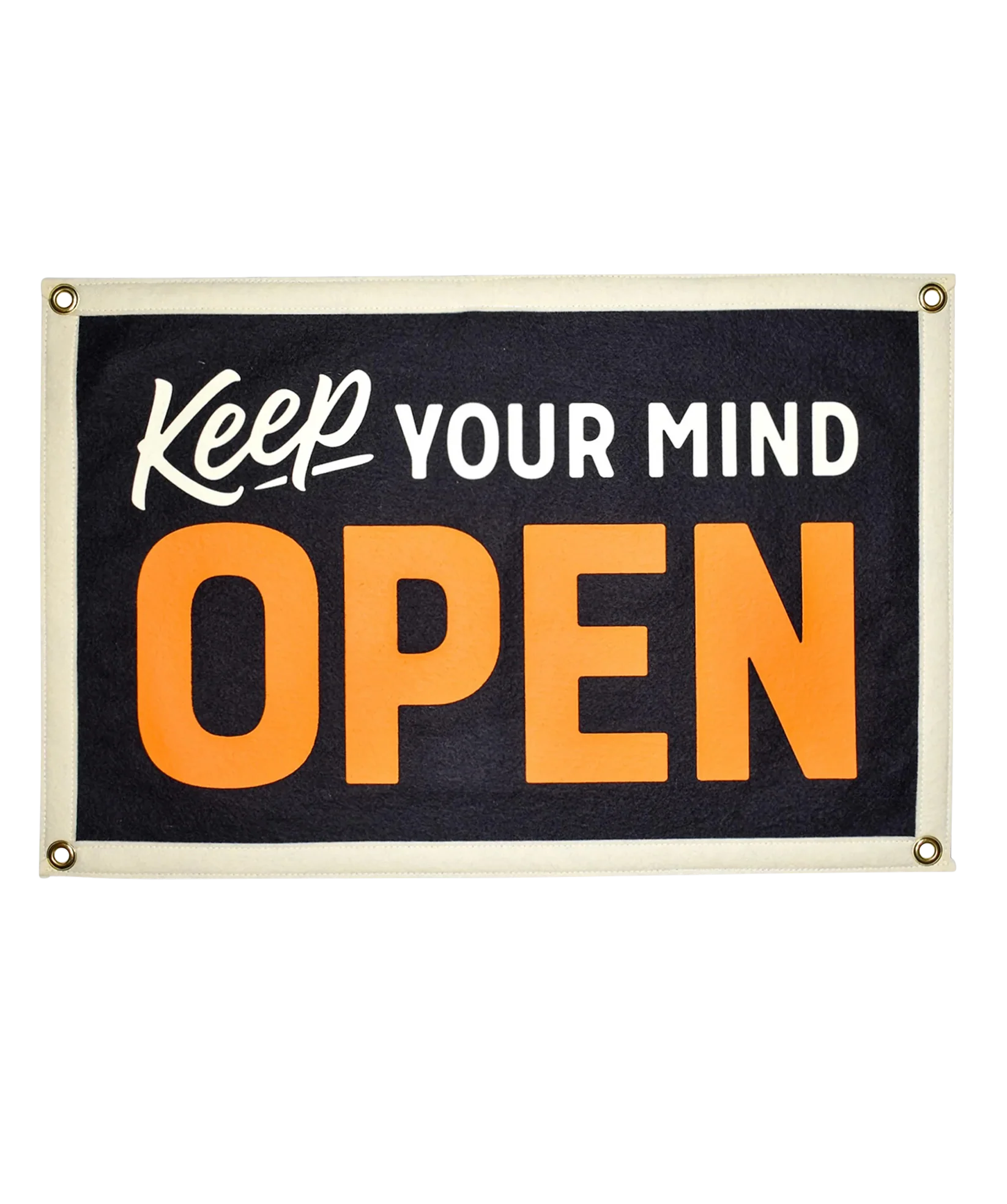 Camp flag: black with white 'Keep your mind' and orange 'OPEN', brass grommets