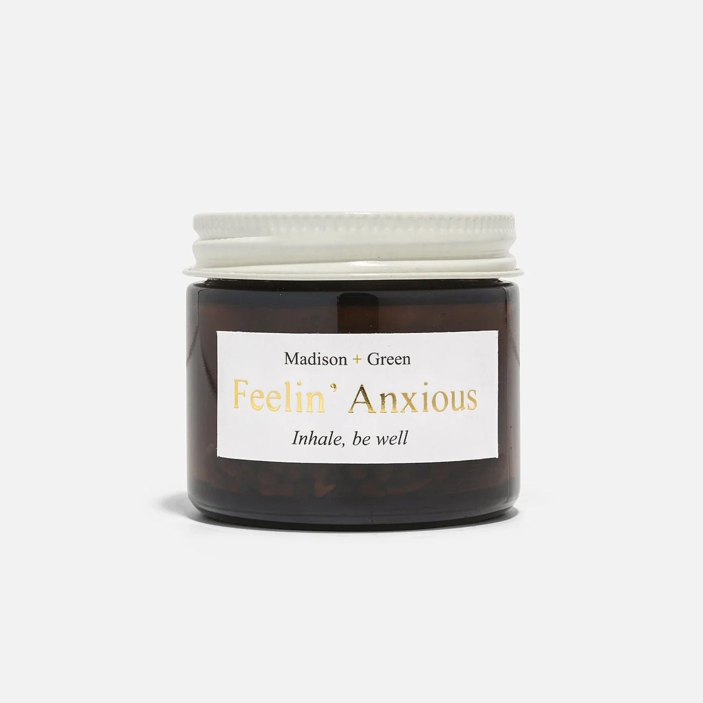 Madison + Green aromatherapy inhaler jar, amber glass with white lid and 'Feelin' Anxious' label