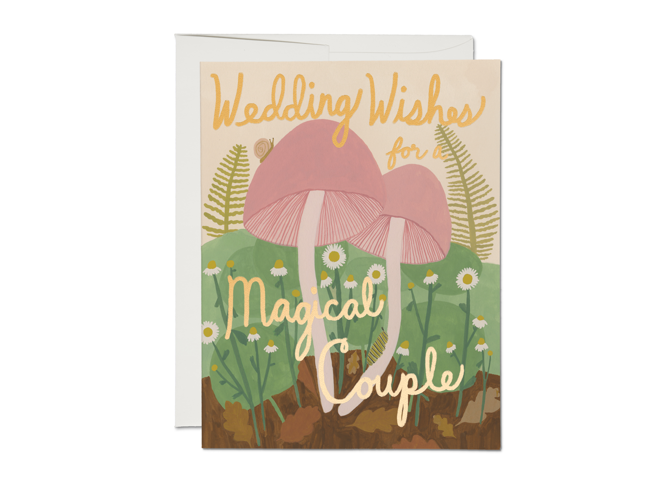 Foil wedding card with gold foil 'Wedding Wishes' and pink umbrella floral scene