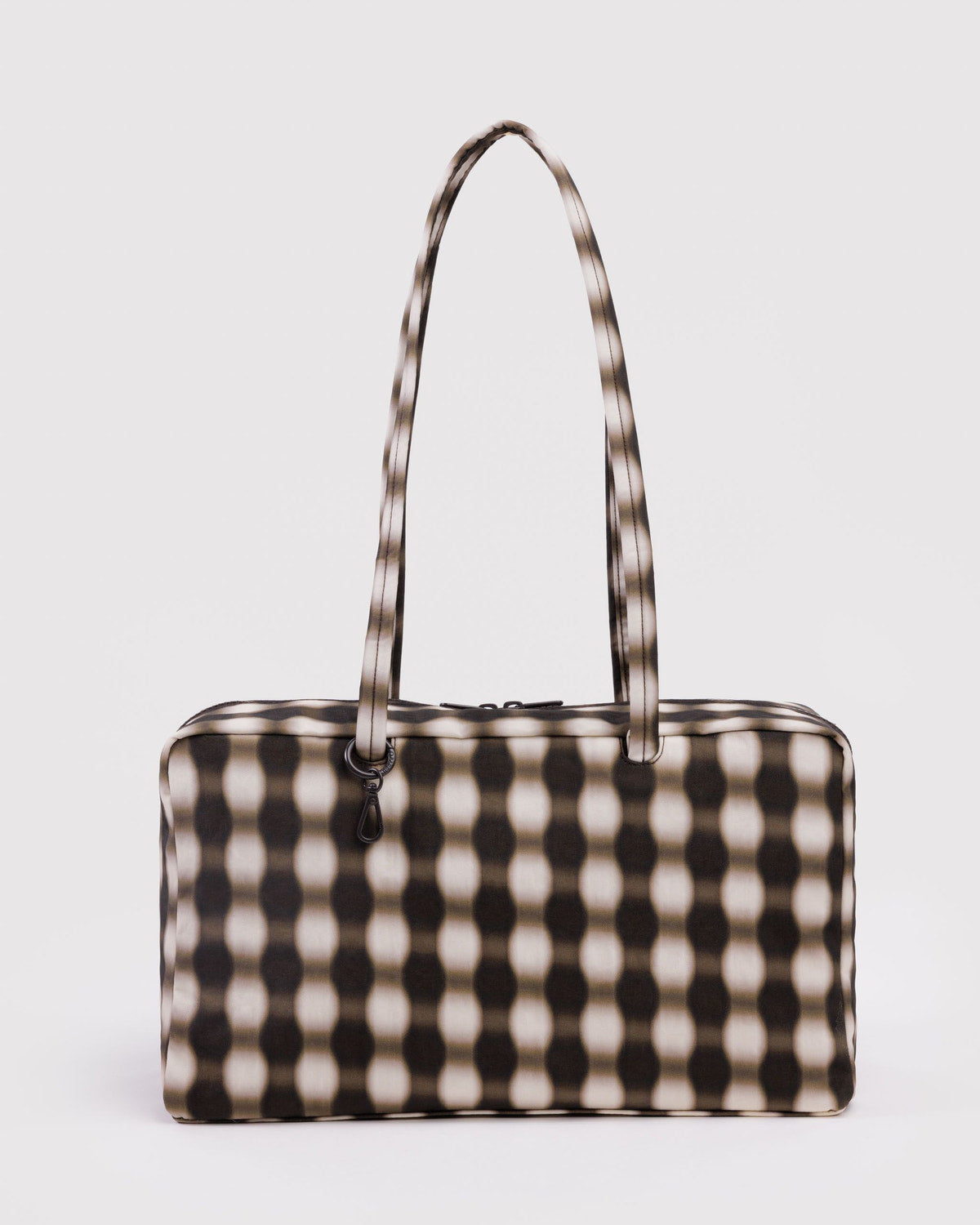 Black-and-cream gingham bowler bag with top zip and two handles