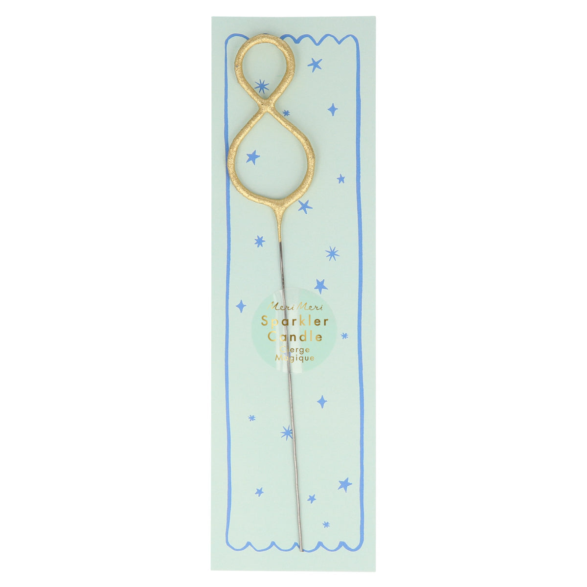 Gold number sparkler candle 8 with blue star pattern and pale blue center