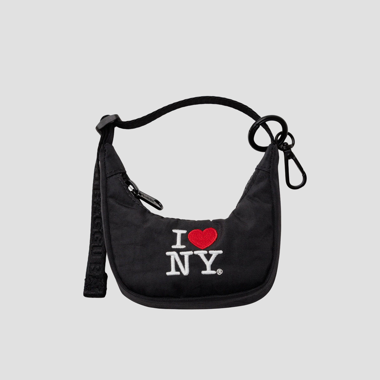 Black I Love NY crescent bag charm with black strap and keyring