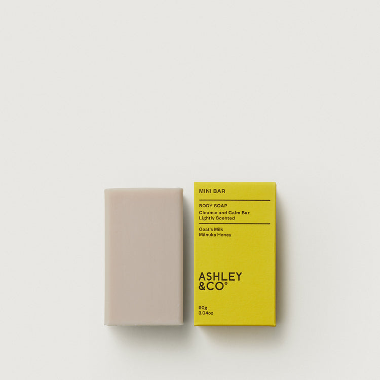 Mini soap bar with pale pink bar and yellow Ashley & Co box