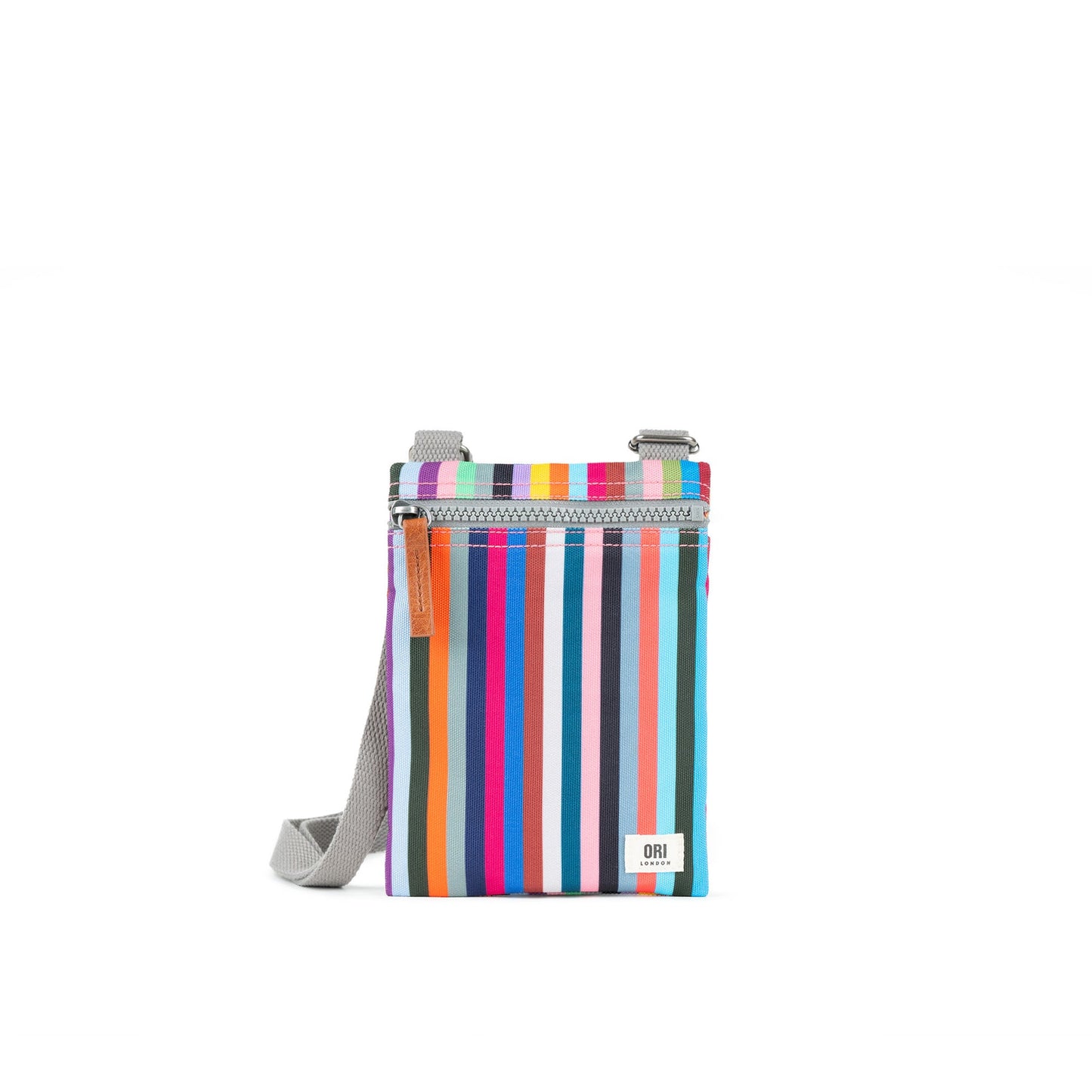 Multi-color striped recycled nylon pocket crossbody bag with top zipper and gray strap