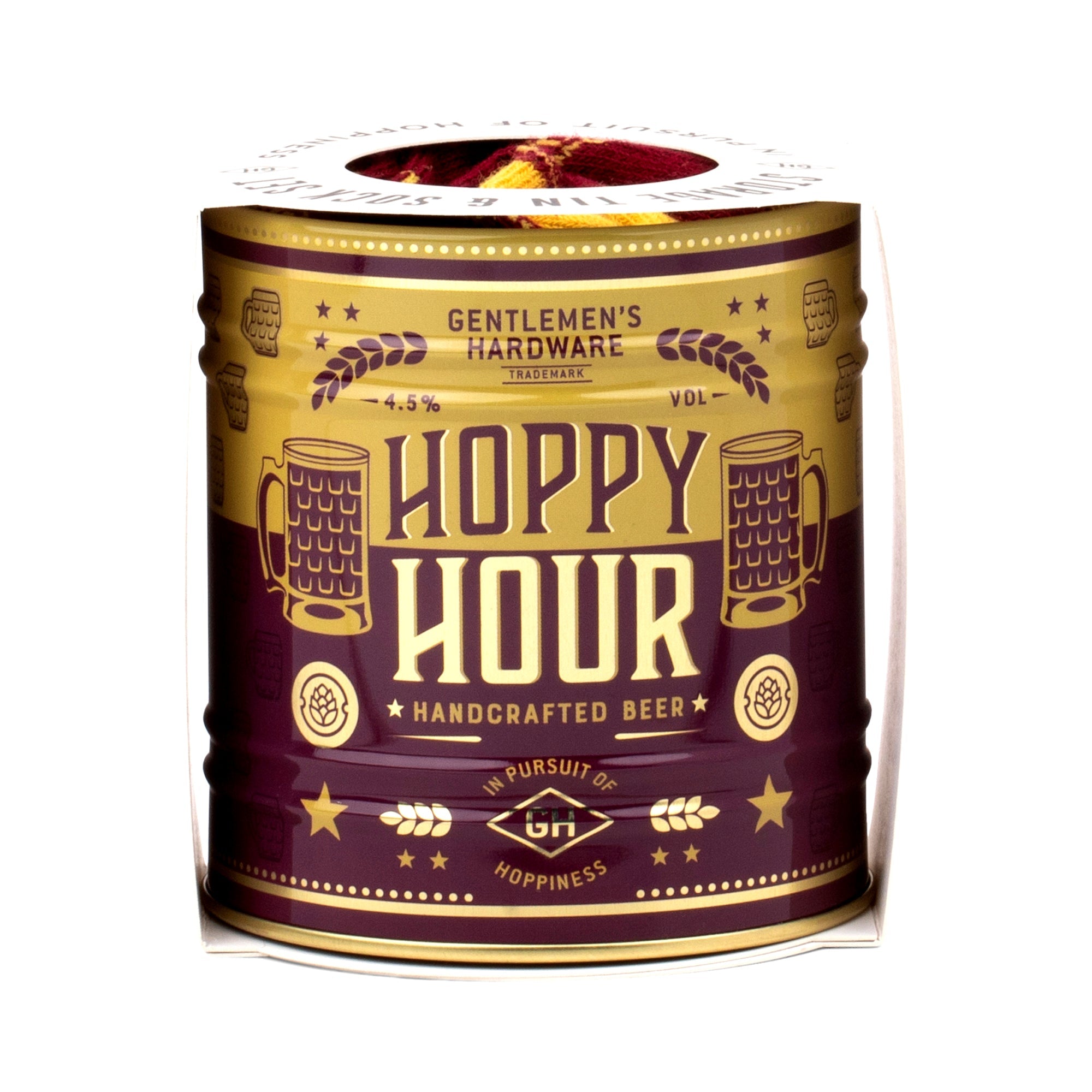 Beer-themed sock can with gold and purple label reading Hoppy Hour