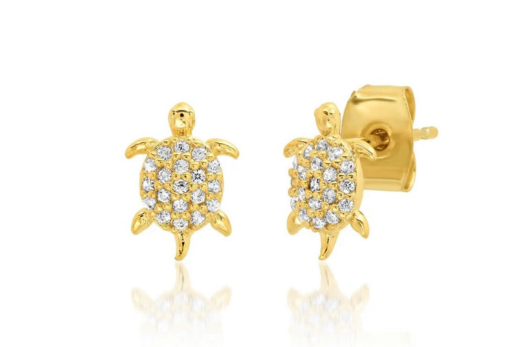 Gold pave CZ turtle stud earrings, front and side views