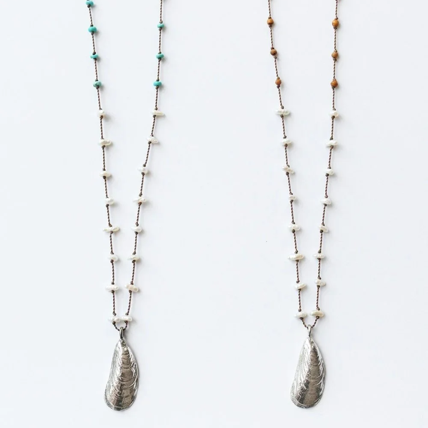 Beaded shell pendant necklace with turquoise and white beads