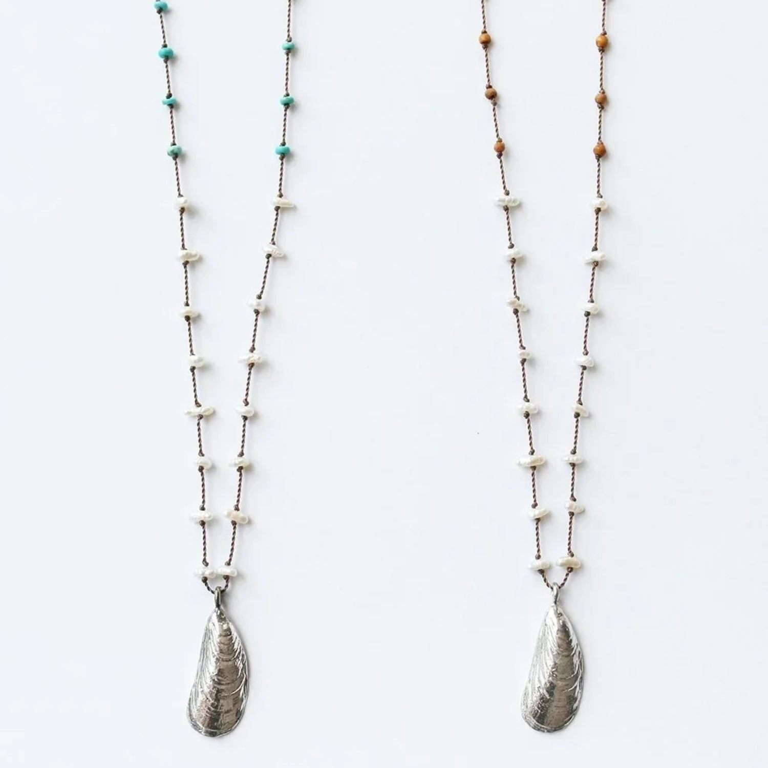Beaded shell pendant necklace with turquoise and white beads