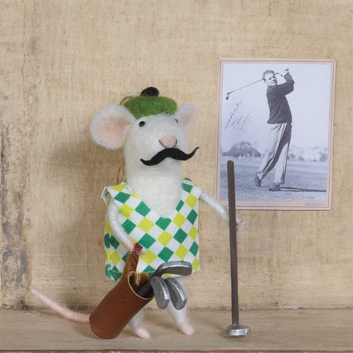 Felt mouse golfer decoration in green cap and argyle vest, holding brown golf club