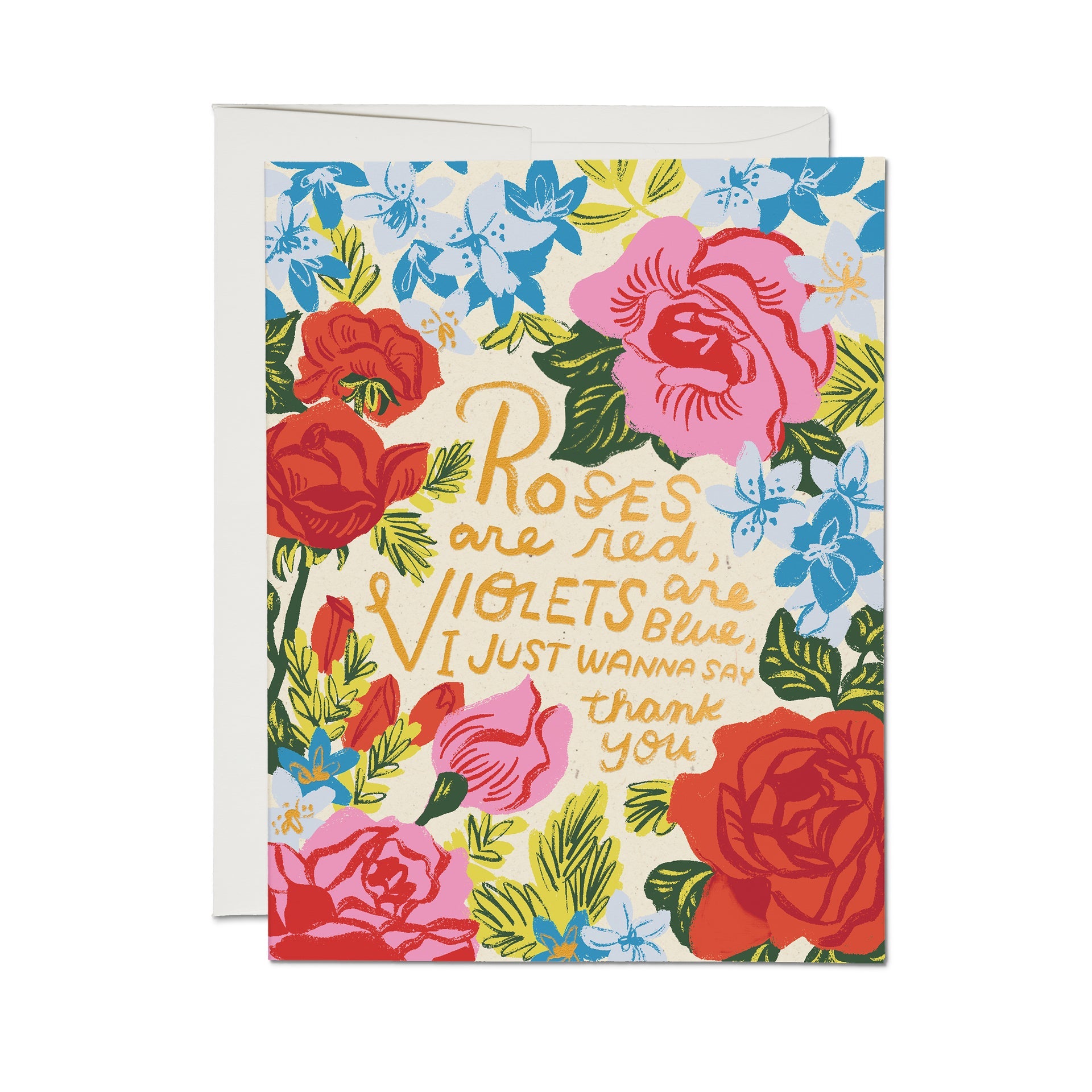Colorful floral thank-you card with roses and violets poem on the front
