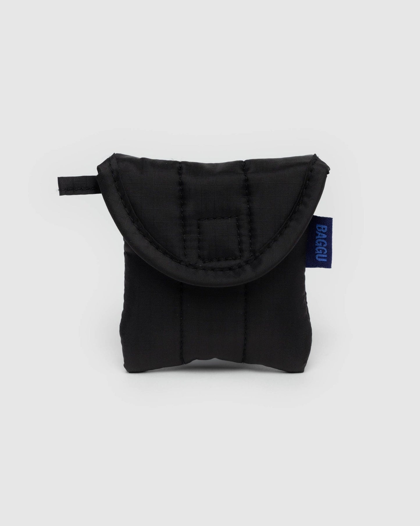 Black puffy earbuds case with a rounded padded flap and visible stitching