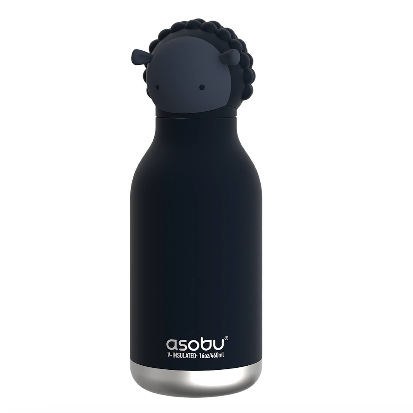 16oz insulated water bottle with dark sheep lid and stainless base, asobu logo