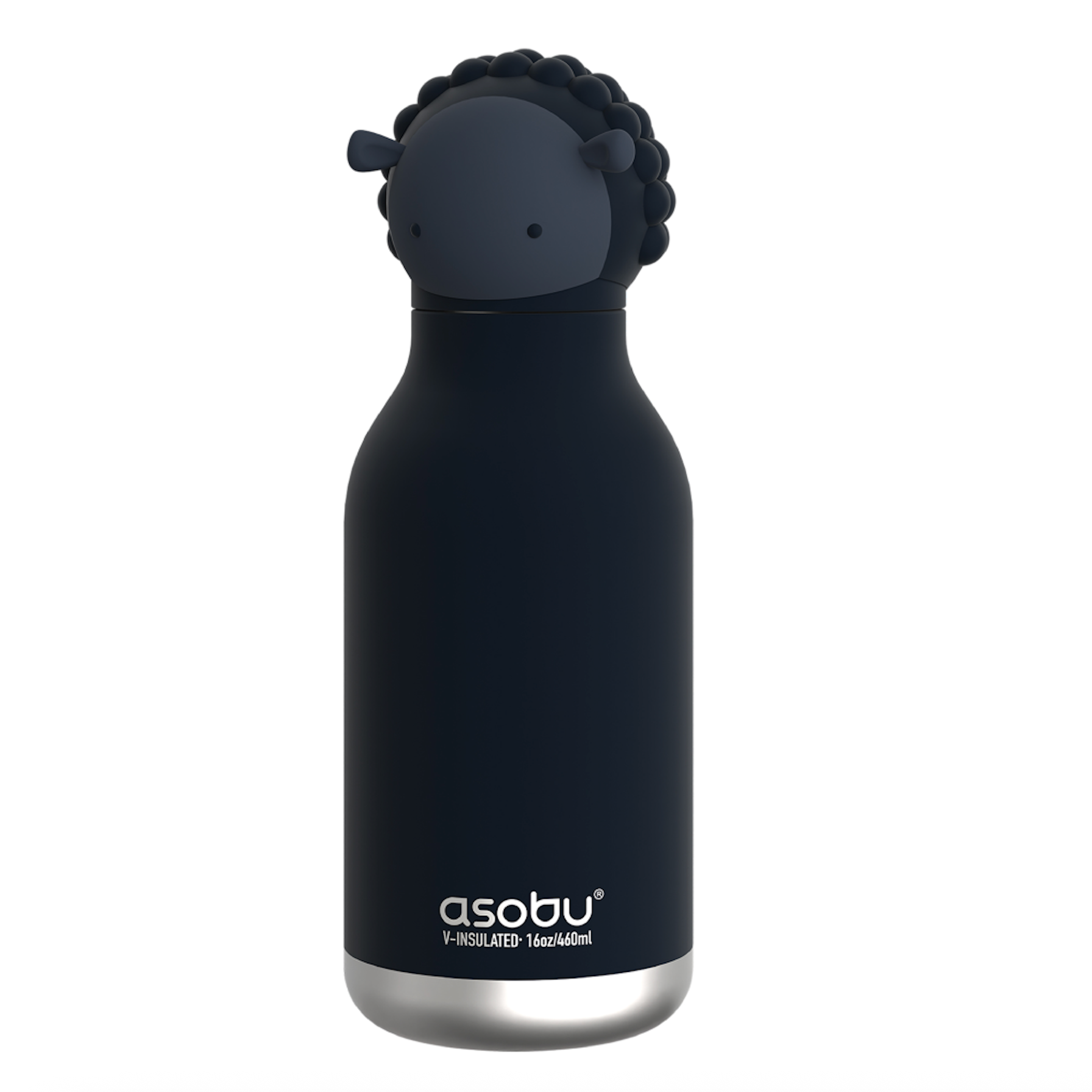 16oz insulated water bottle with dark sheep lid and stainless base, asobu logo