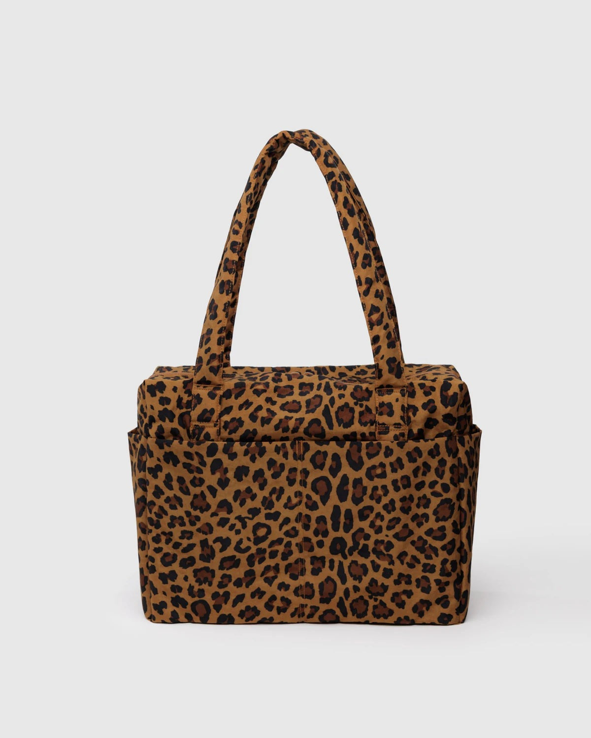 Small Cloud carry-on tote in leopard print with top handles and side pocket detail
