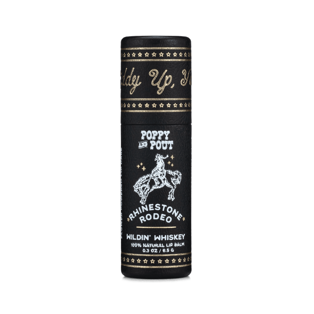 Black Rhinestone Rodeo lip balm tube with Poppy and Pout and horse rider graphic