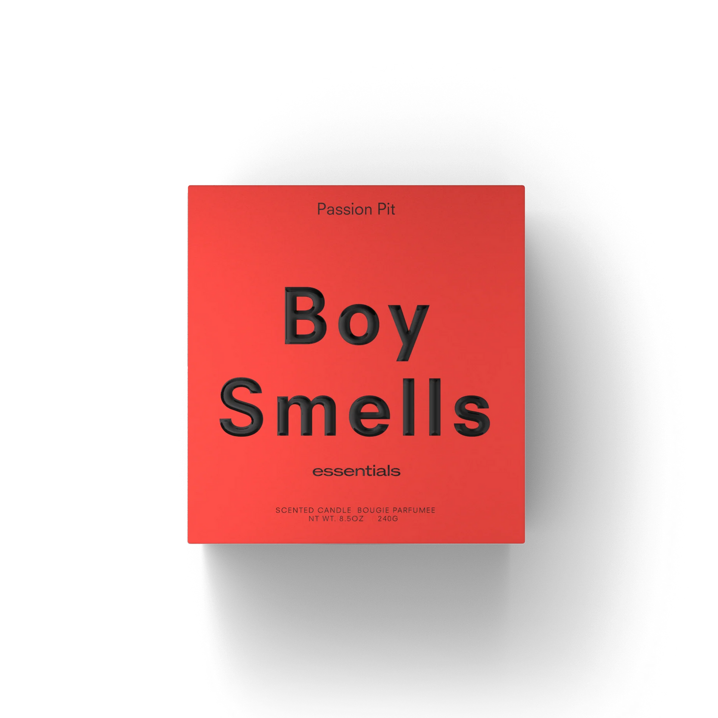 Red Boy Smells essentials candle box with Passion Pit header
