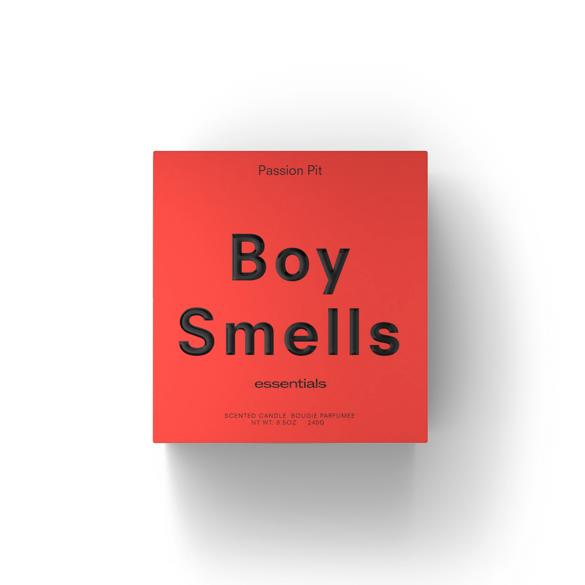 Red Boy Smells essentials candle box with Passion Pit header