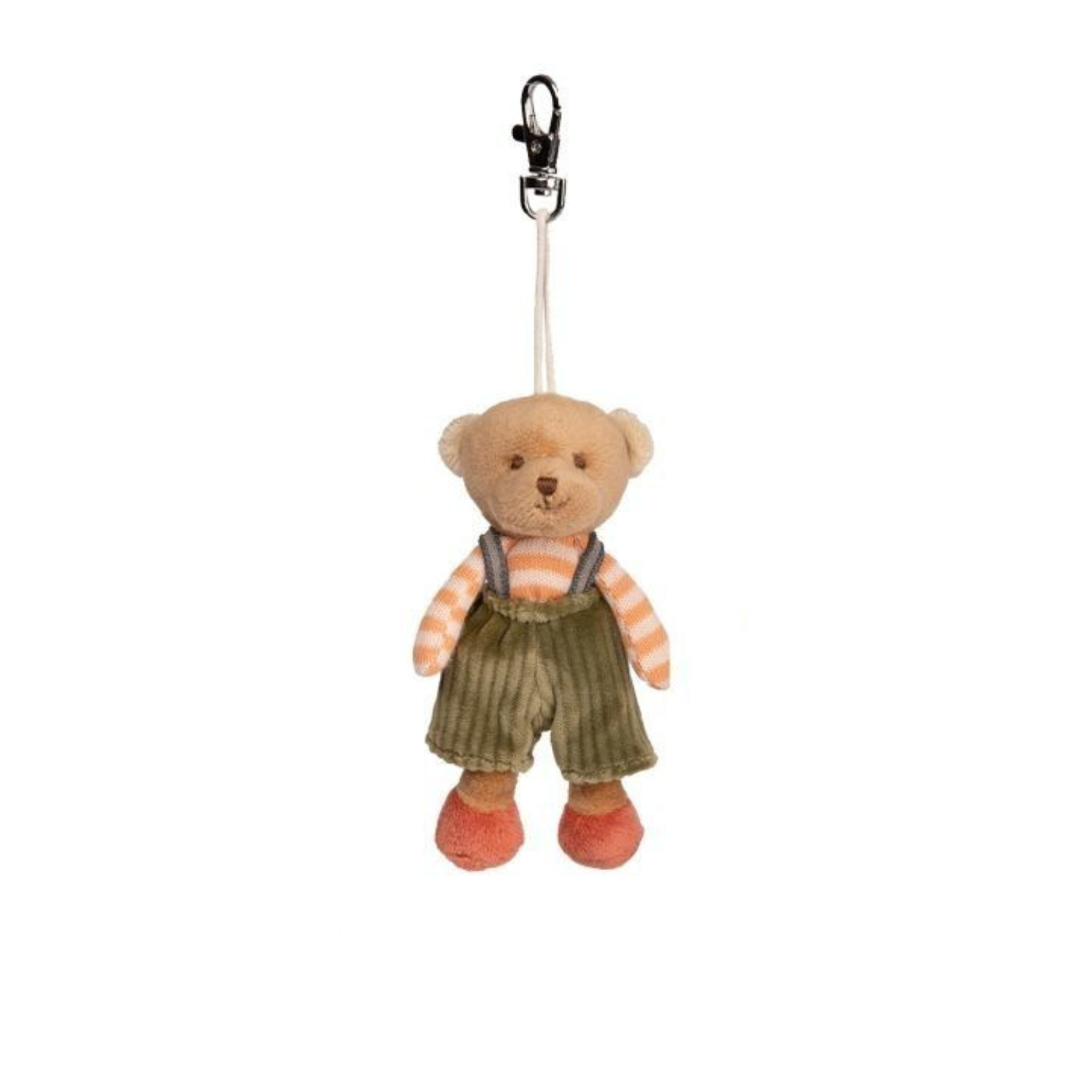 Beige teddy bear bag charm wearing striped shirt, green overalls, red shoes and metal clip