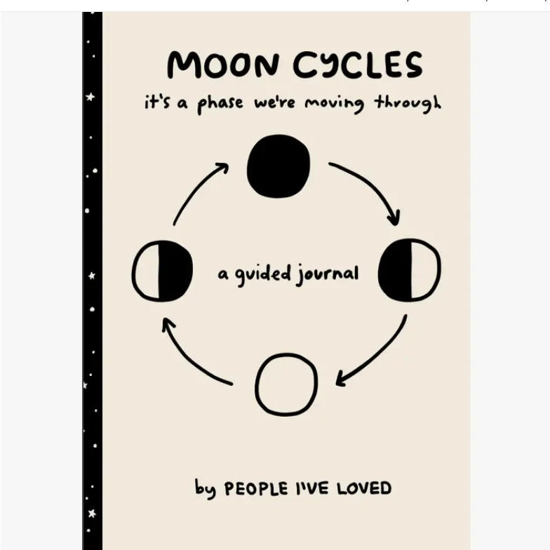 Moon cycles guided journal cover with black moon-phase circles and guided journal title