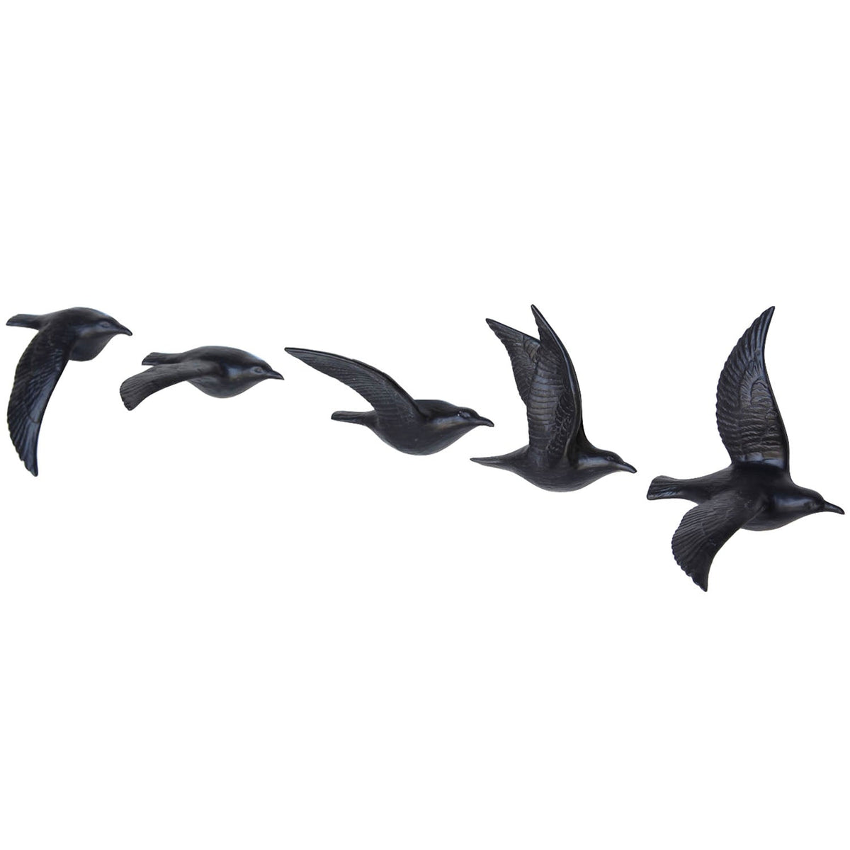 Set of five black flying gull figurines with separate bird silhouettes
