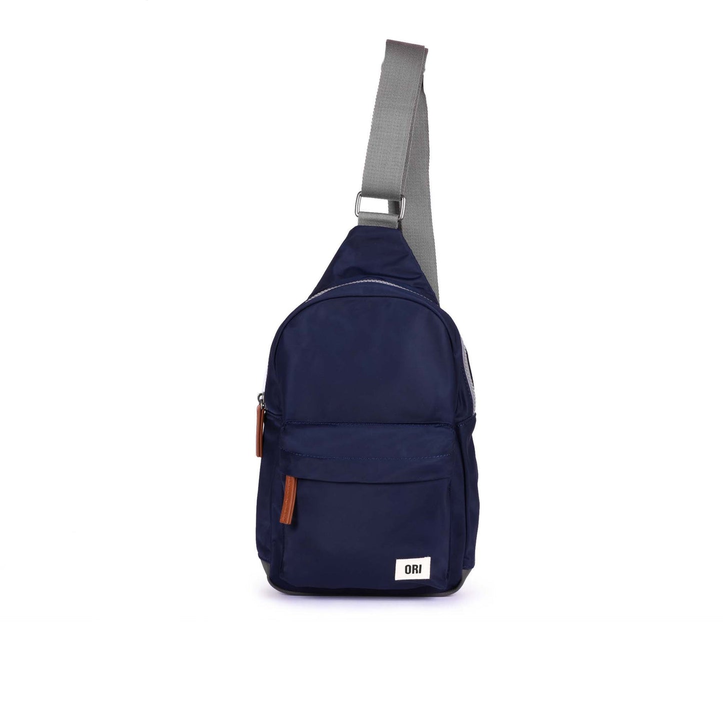 Large recycled nylon sling bag in dark blue with front zip pocket and adjustable strap