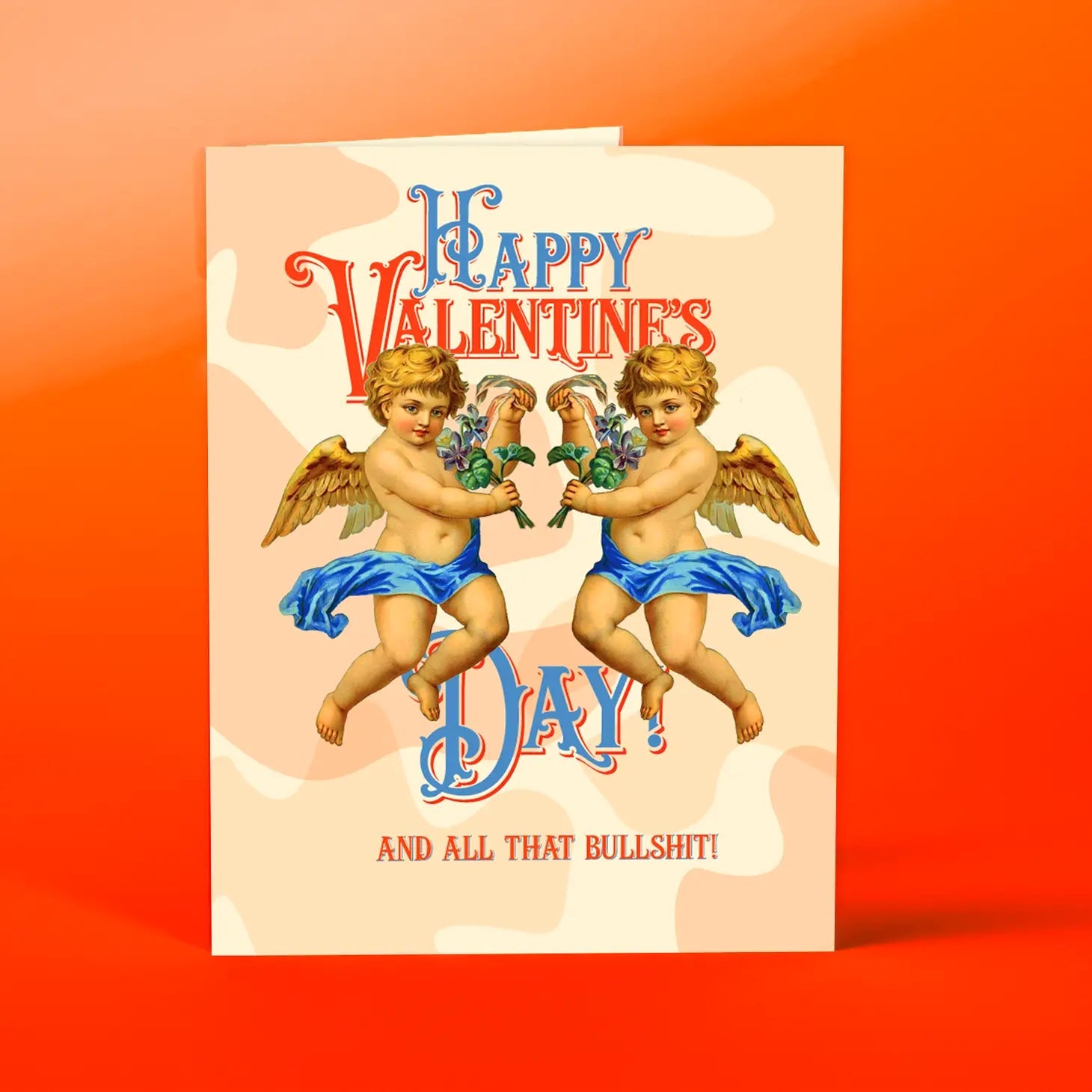 Valentine's Day card with two cherub angels holding green hearts, 'Happy Valentine's Day'