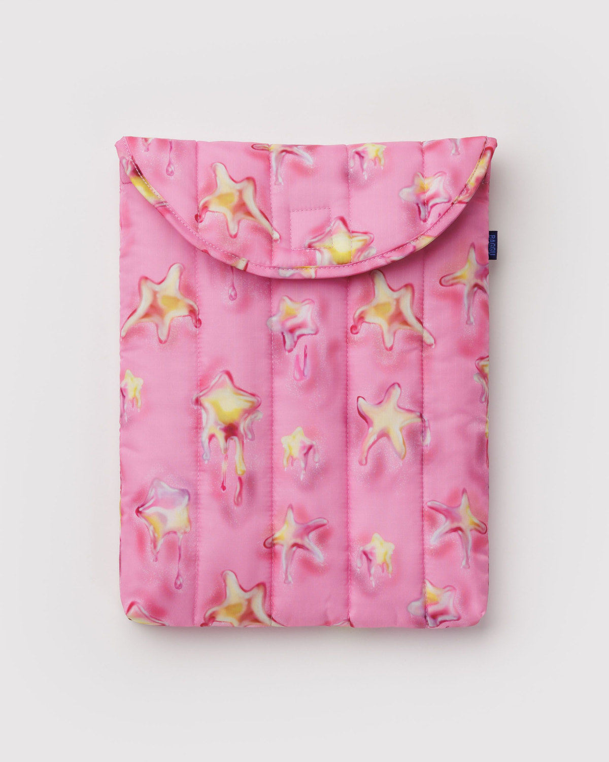 Pink puffy 13"/14" laptop sleeve with starfish print and top flap.