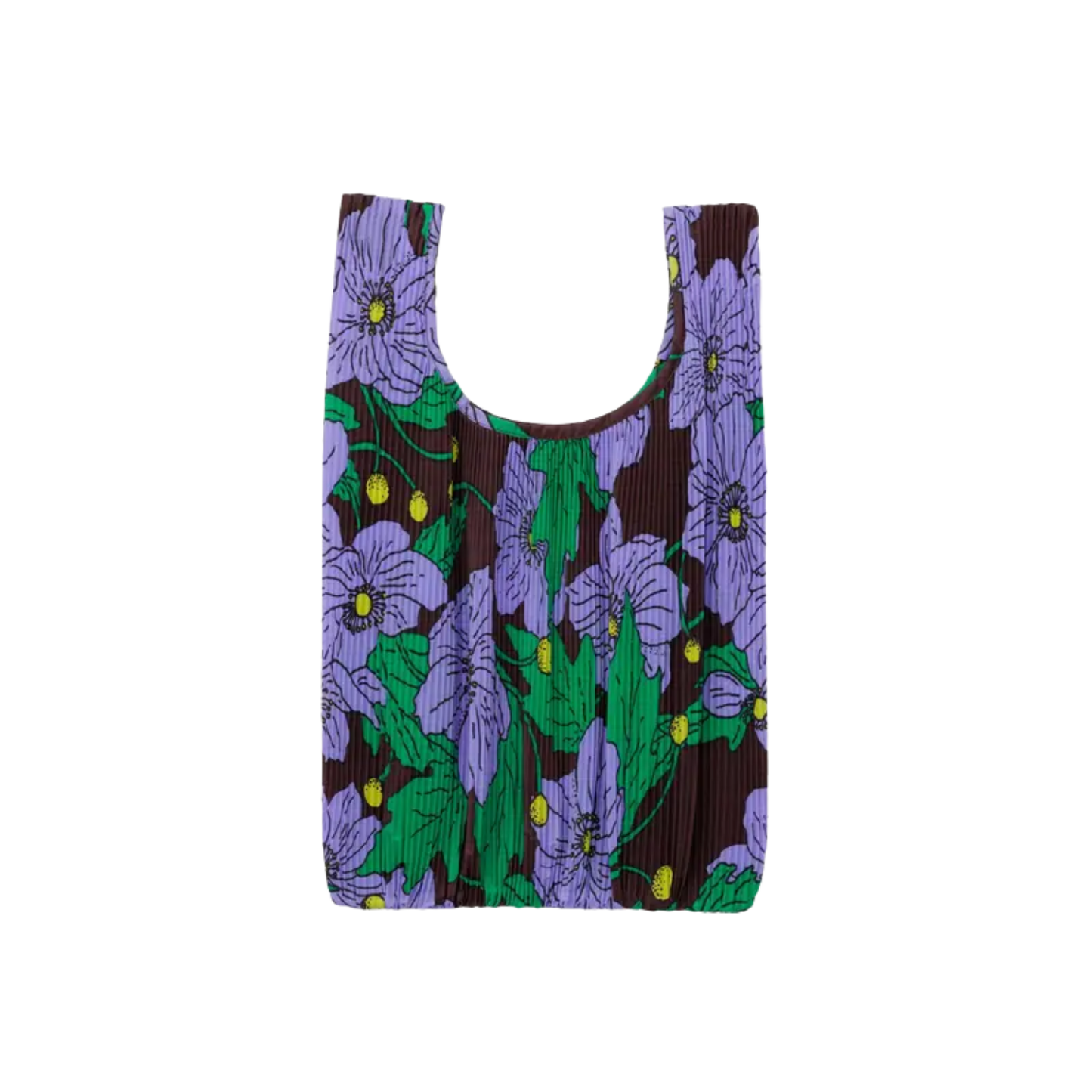 Pleated Baggu tote with purple and green floral print, brown accents, wide U-shaped opening