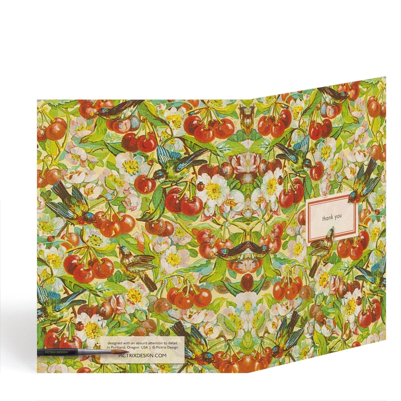 Cherry and bird thank-you card, full design view with text panel