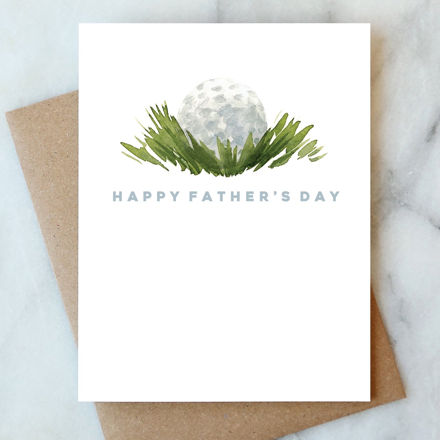 Golf Father's Day card with watercolor golf ball, green grass, and Happy Father's Day text