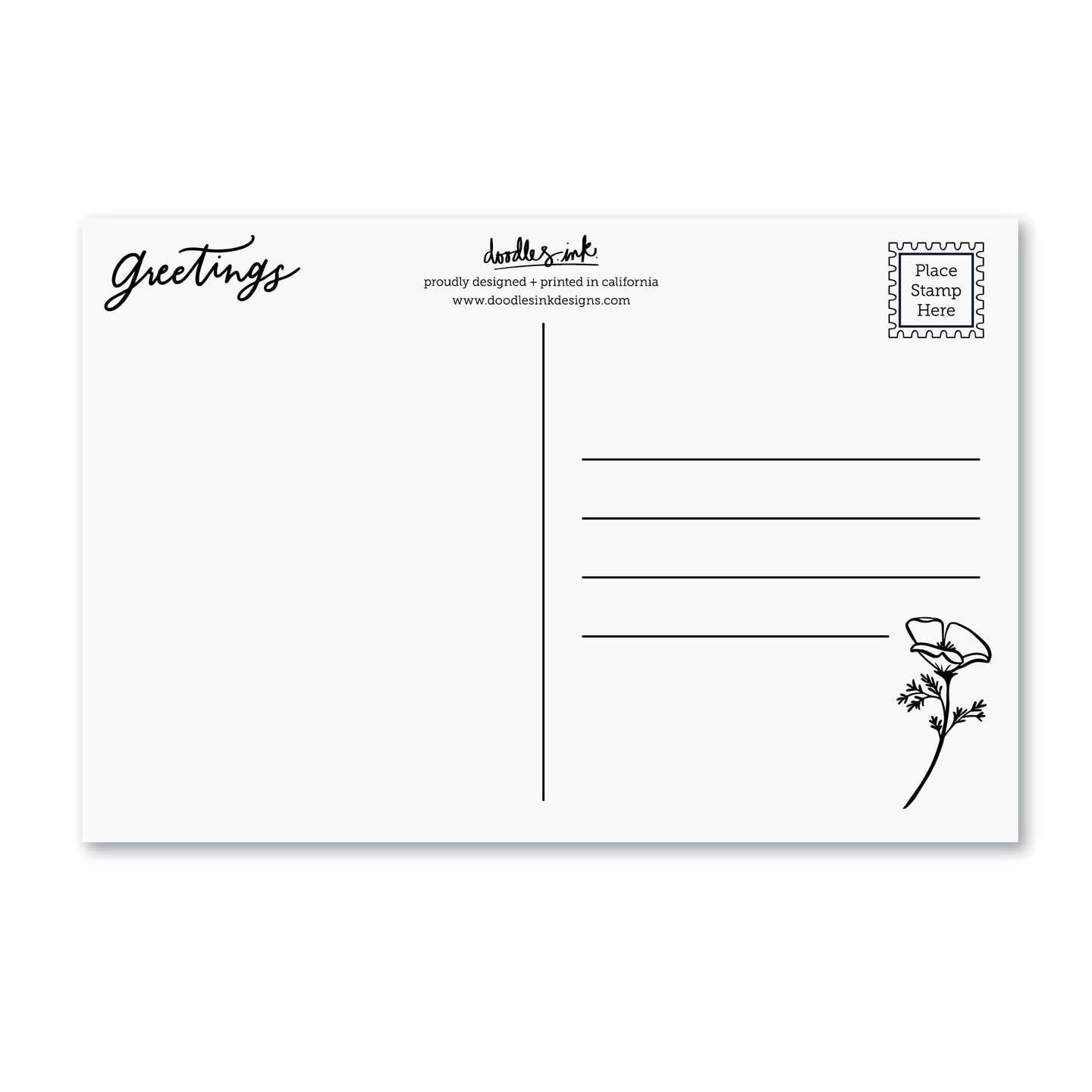 Greetings postcard back with message lines, butterfly flower, and postage stamp box