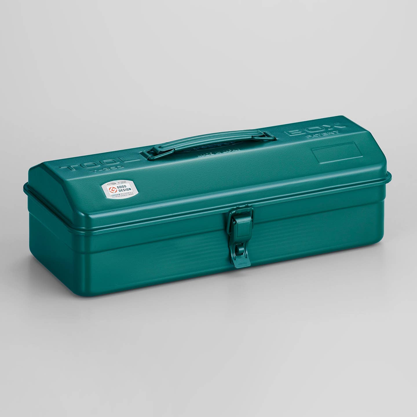 Teal green steel toolbox with top handle and camber lid, metal latch closure