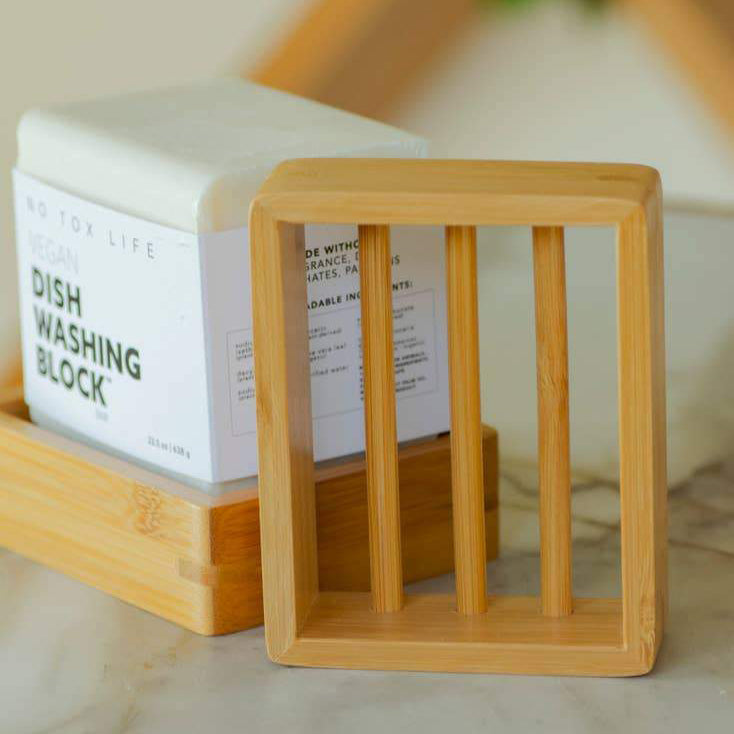 Square bamboo soap shelf/dish with open slats, bar soap fits on top