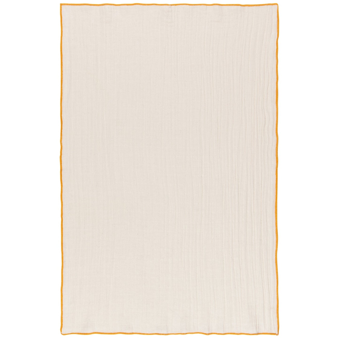 Double-weave dishtowel in off-white with subtle texture and orange-stitched border.