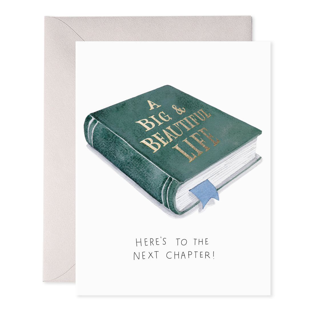 Greeting card with green book illustration and 'Here's to the next chapter' text