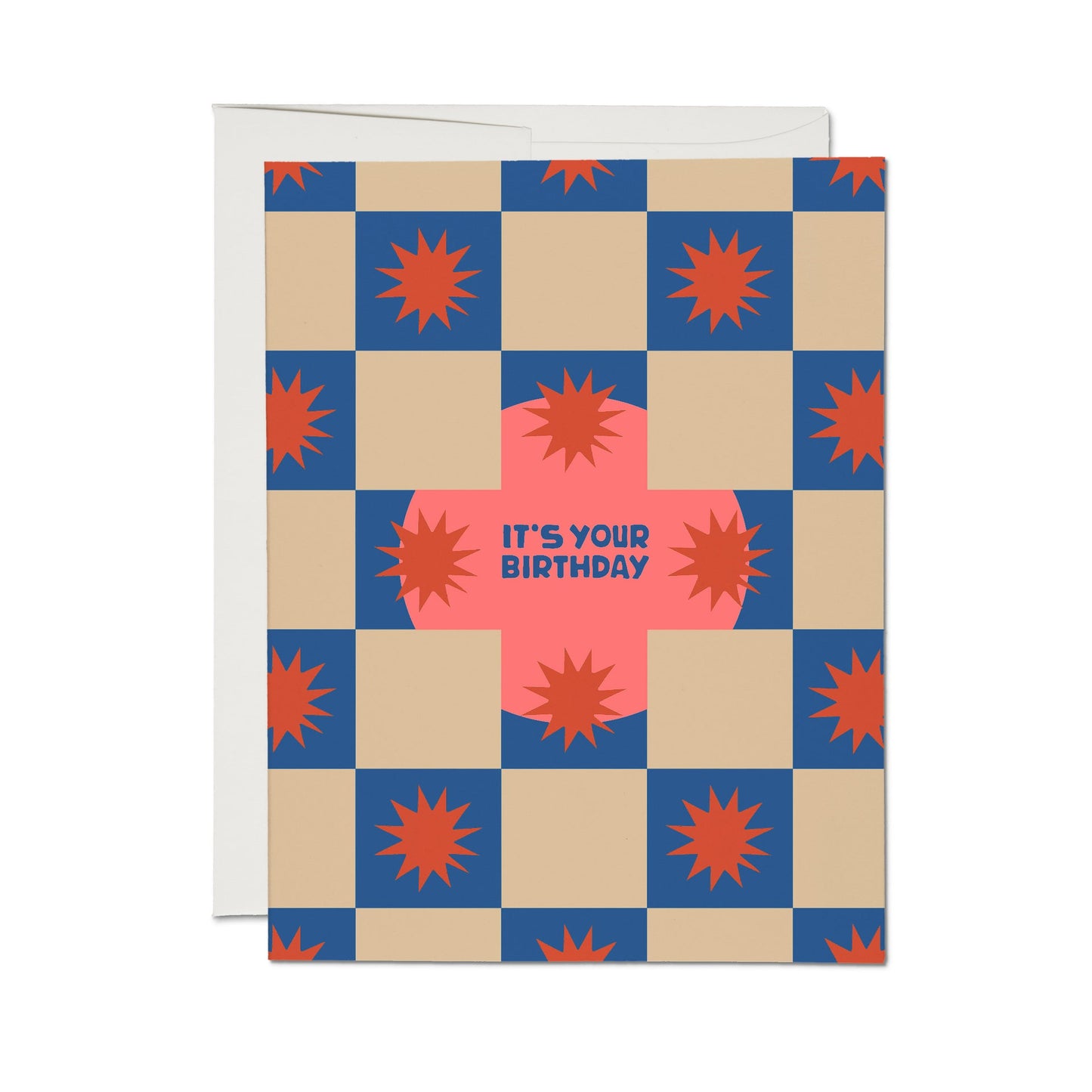 Birthday card with blue checkered design, orange bursts, and 'It's Your Birthday' text.