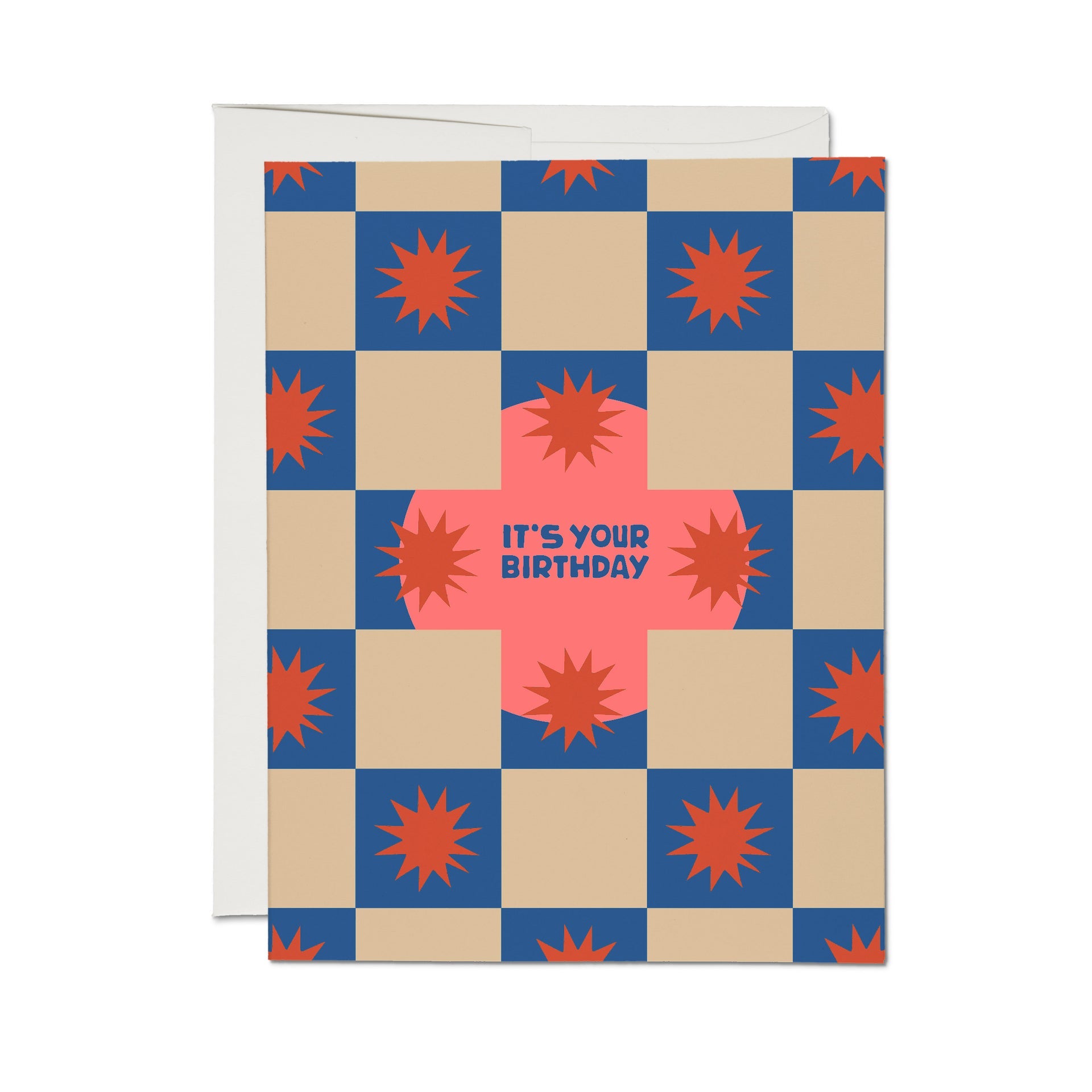 Birthday card with blue checkered design, orange bursts, and 'It's Your Birthday' text.