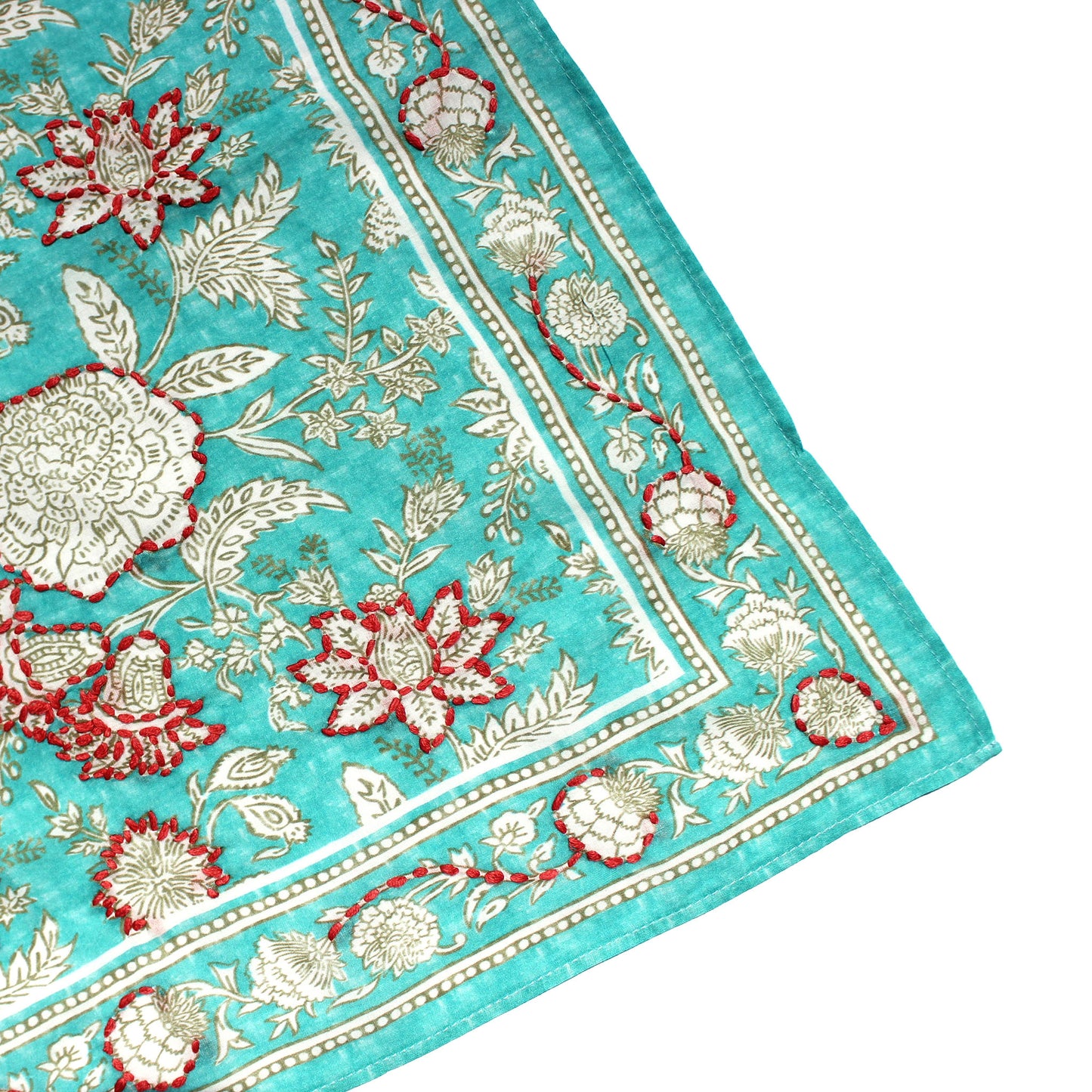 Cotton bandana corner detail: aqua teal floral embroidery with red accents and patterned trim