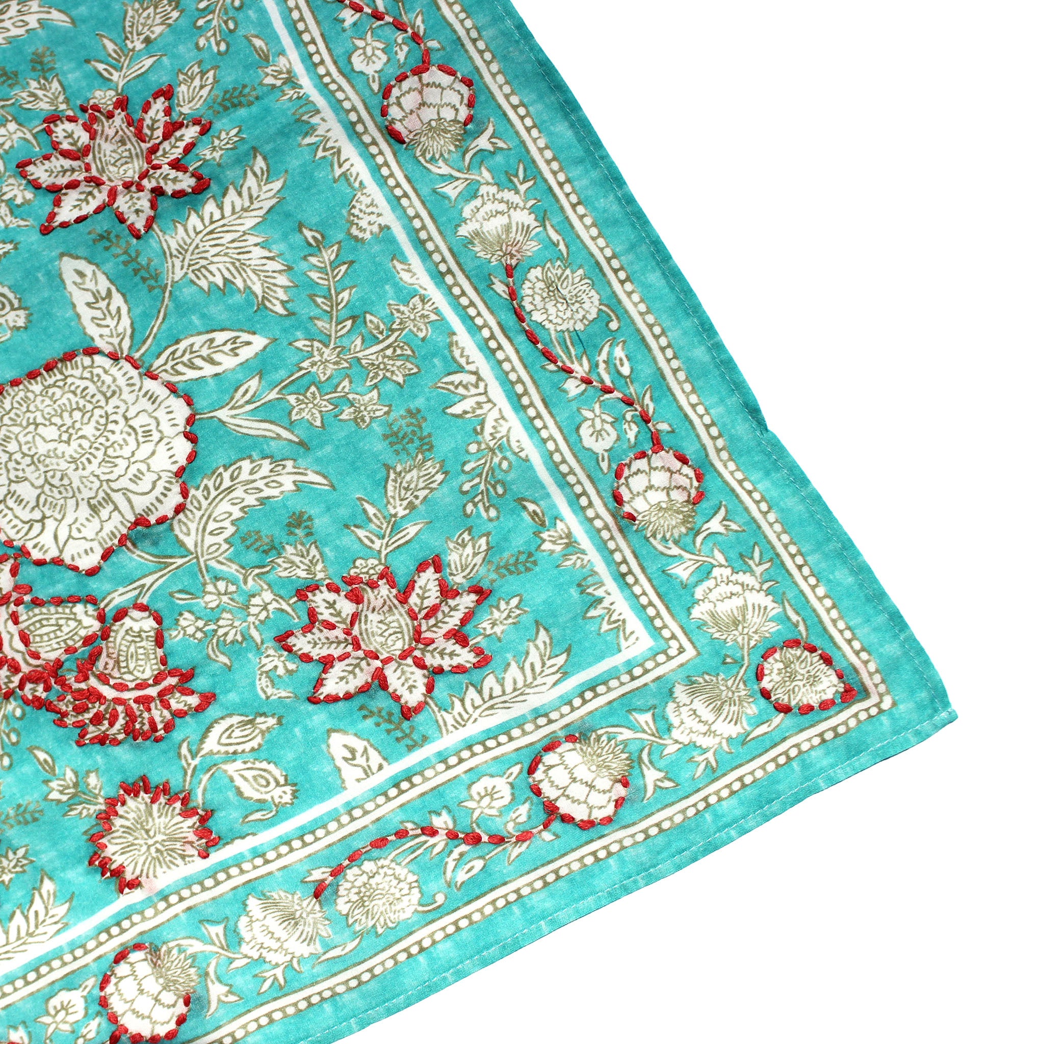 Cotton bandana corner detail: aqua teal floral embroidery with red accents and patterned trim