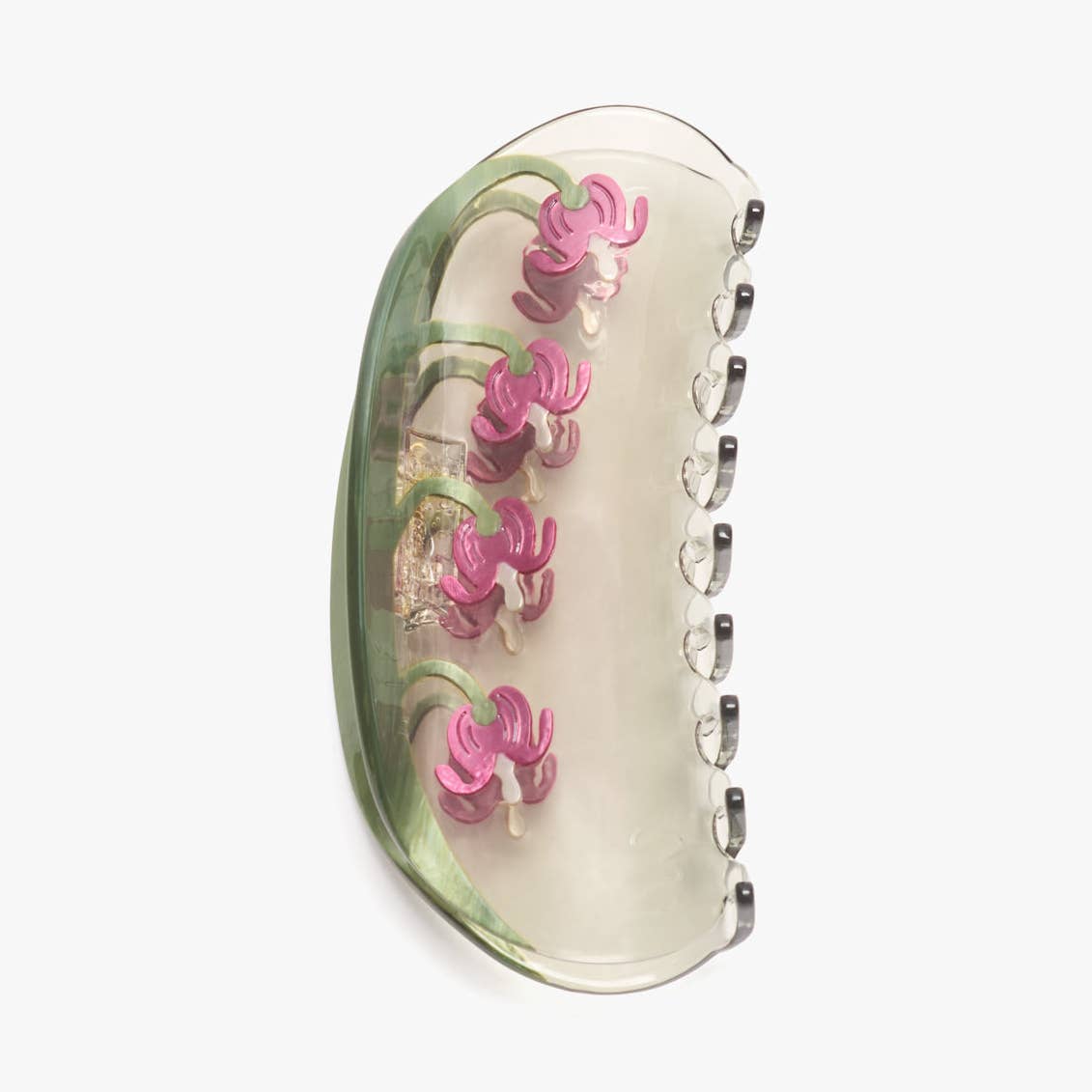 Long claw hair clip with clear green shell and pink floral charms