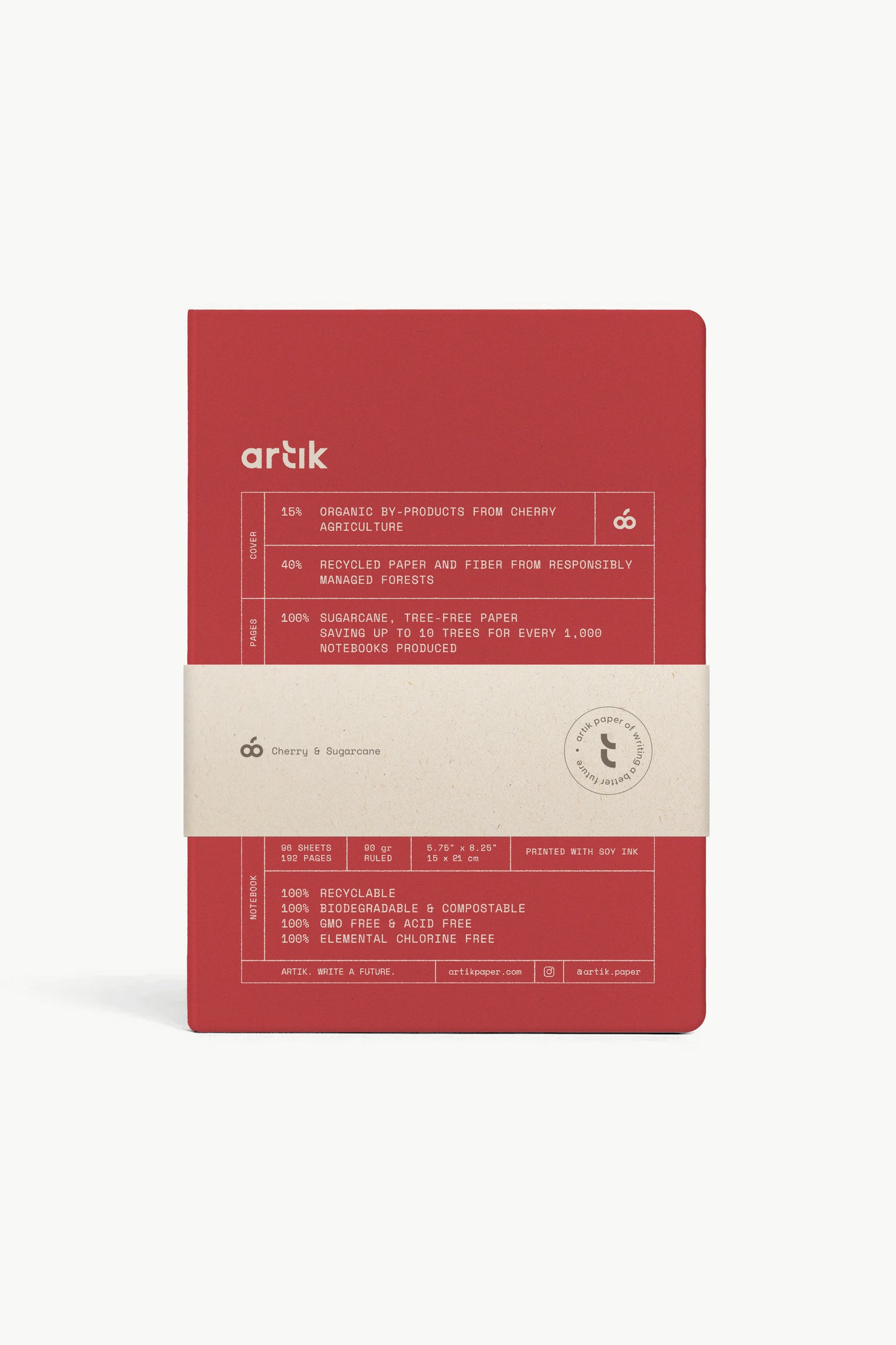 Hard cover lined journal in cherry red, arik logo with ingredients panel