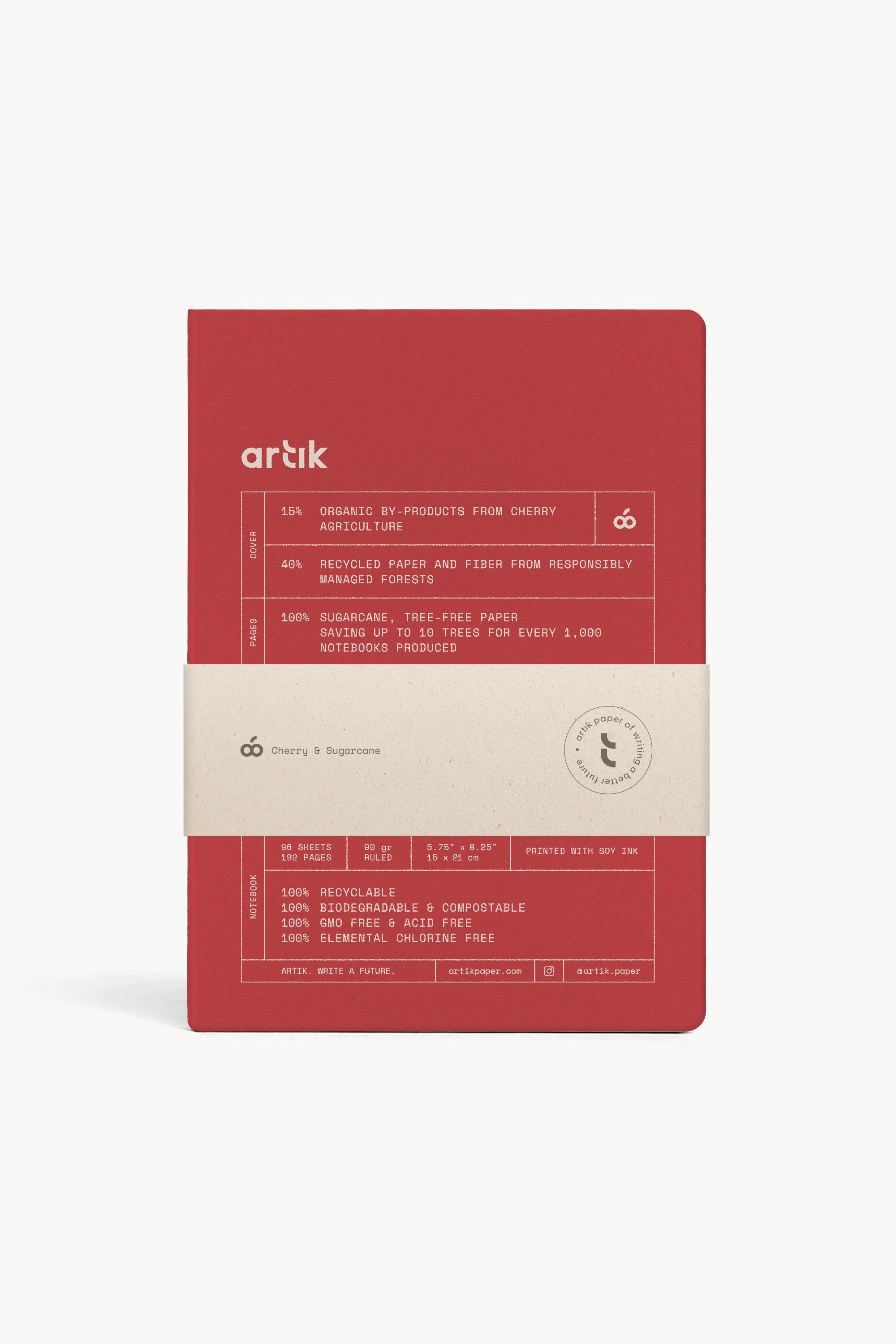 Hard cover lined journal in cherry red, arik logo with ingredients panel