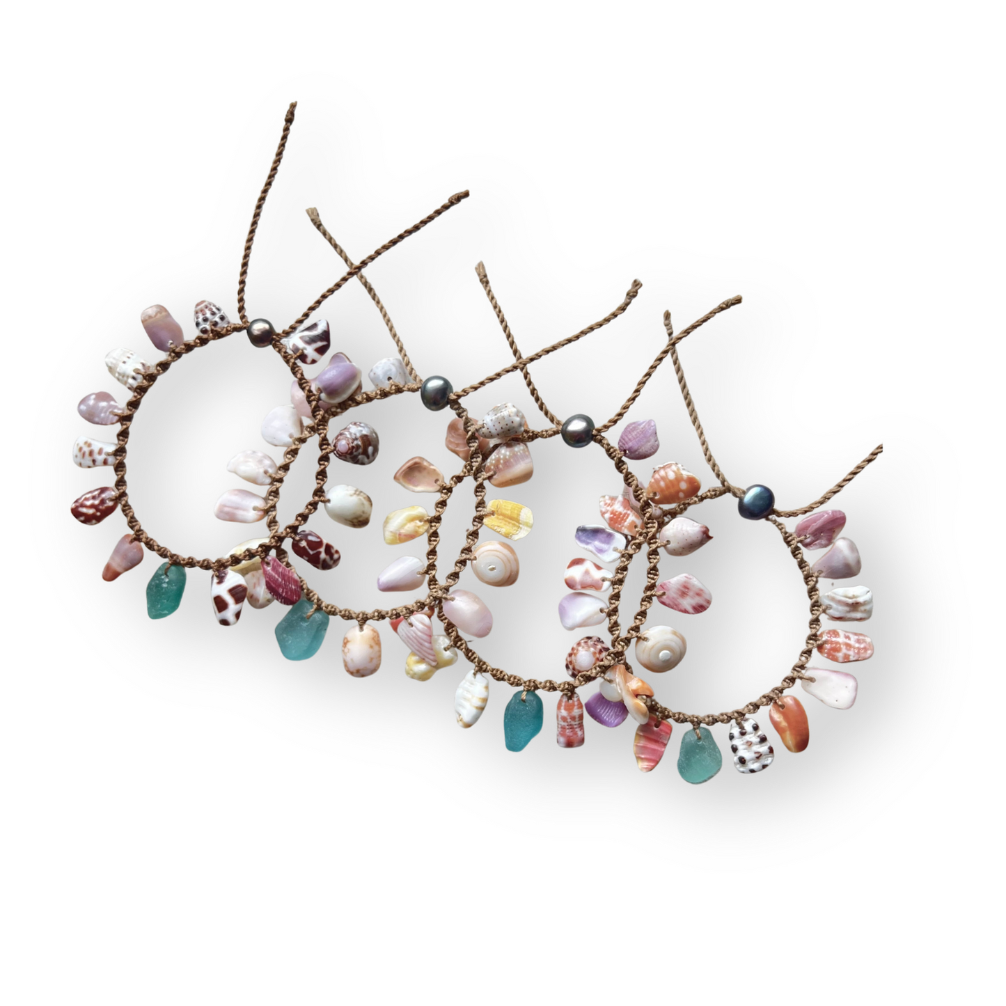 Adjustable beaded bracelet set with purple and teal shell charms