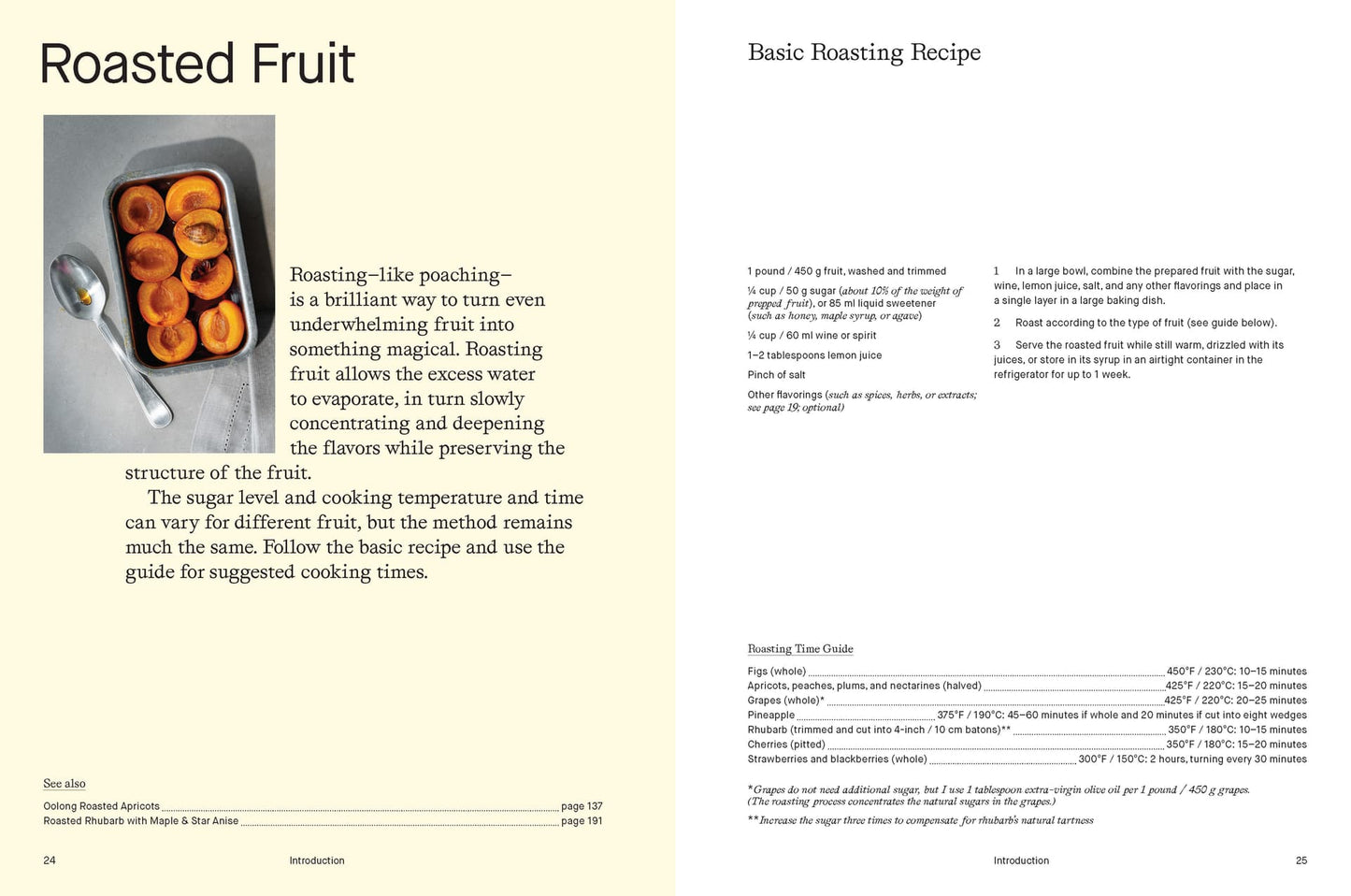 Open cookbook spread with roasted fruit page and basic roasting recipe