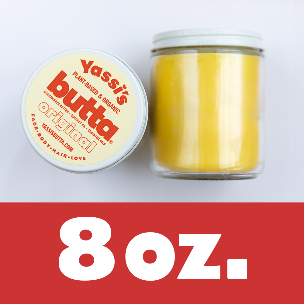Yassi's Butta organic hair balm in 8 oz jar with white lid and yellow butter