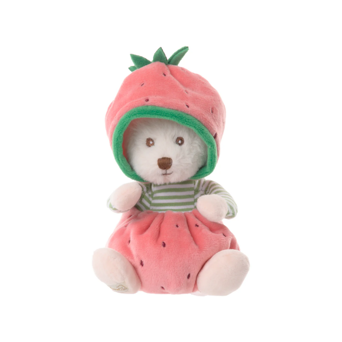 Strawberry plush stuffed animal in pink hood with green trim and striped shirt