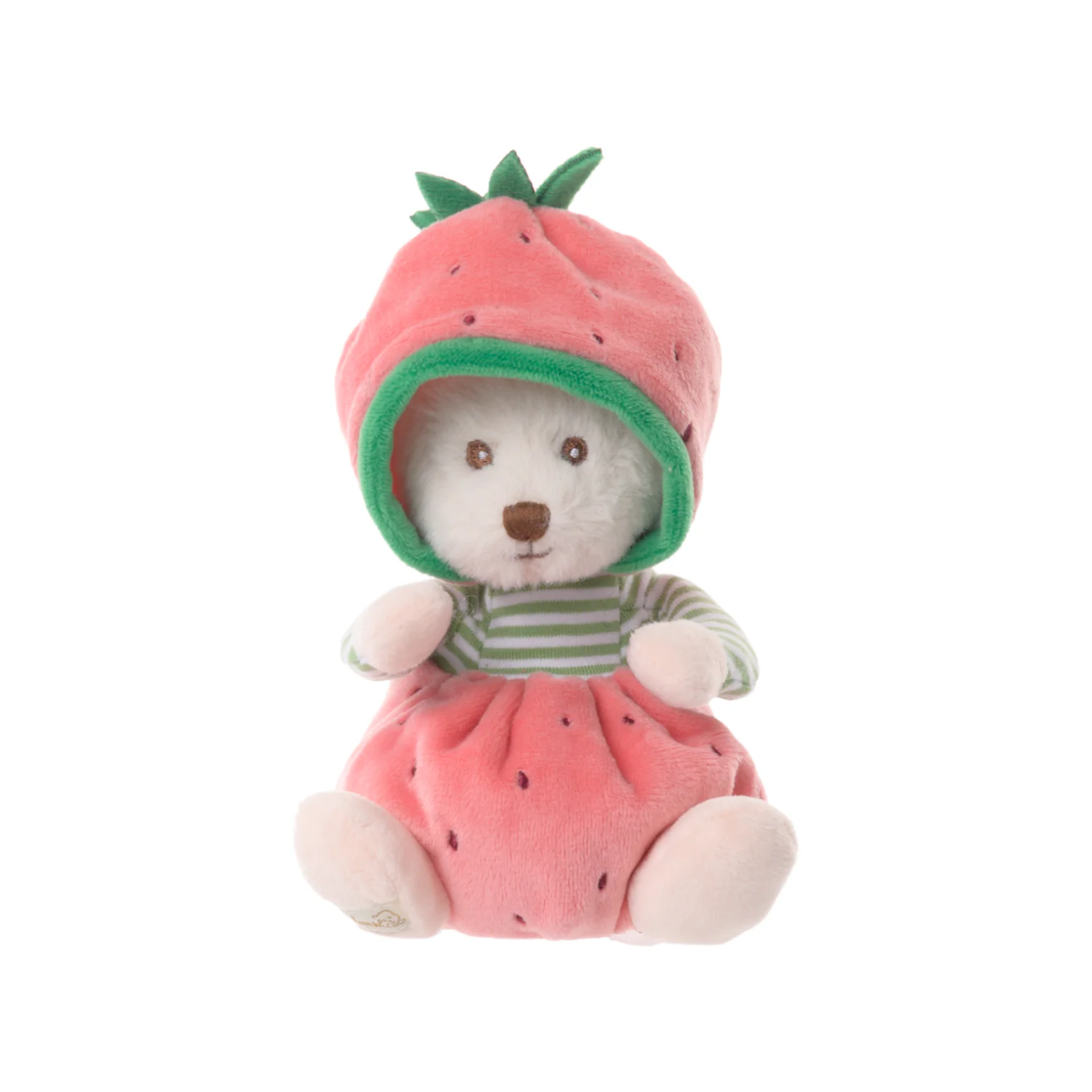 Strawberry plush stuffed animal in pink hood with green trim and striped shirt