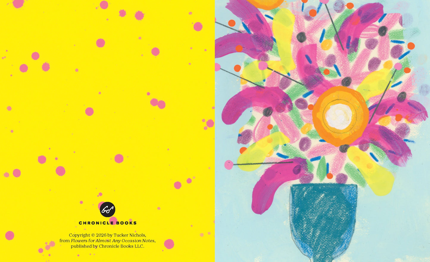 Two-page spread: yellow dotted left page and colorful flower bouquet with vase on right