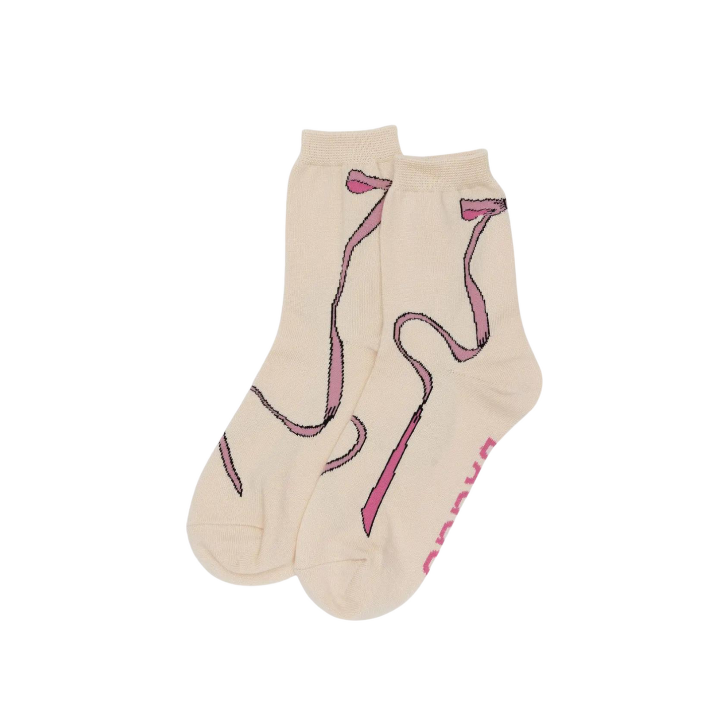 Crew-length socks in light cream with purple-pink cat line art pattern, two-pack.